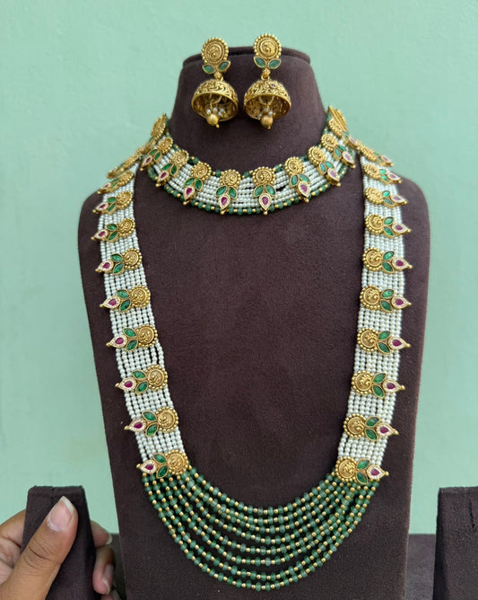 Heavy pearl lockets embossed choker and long necklace