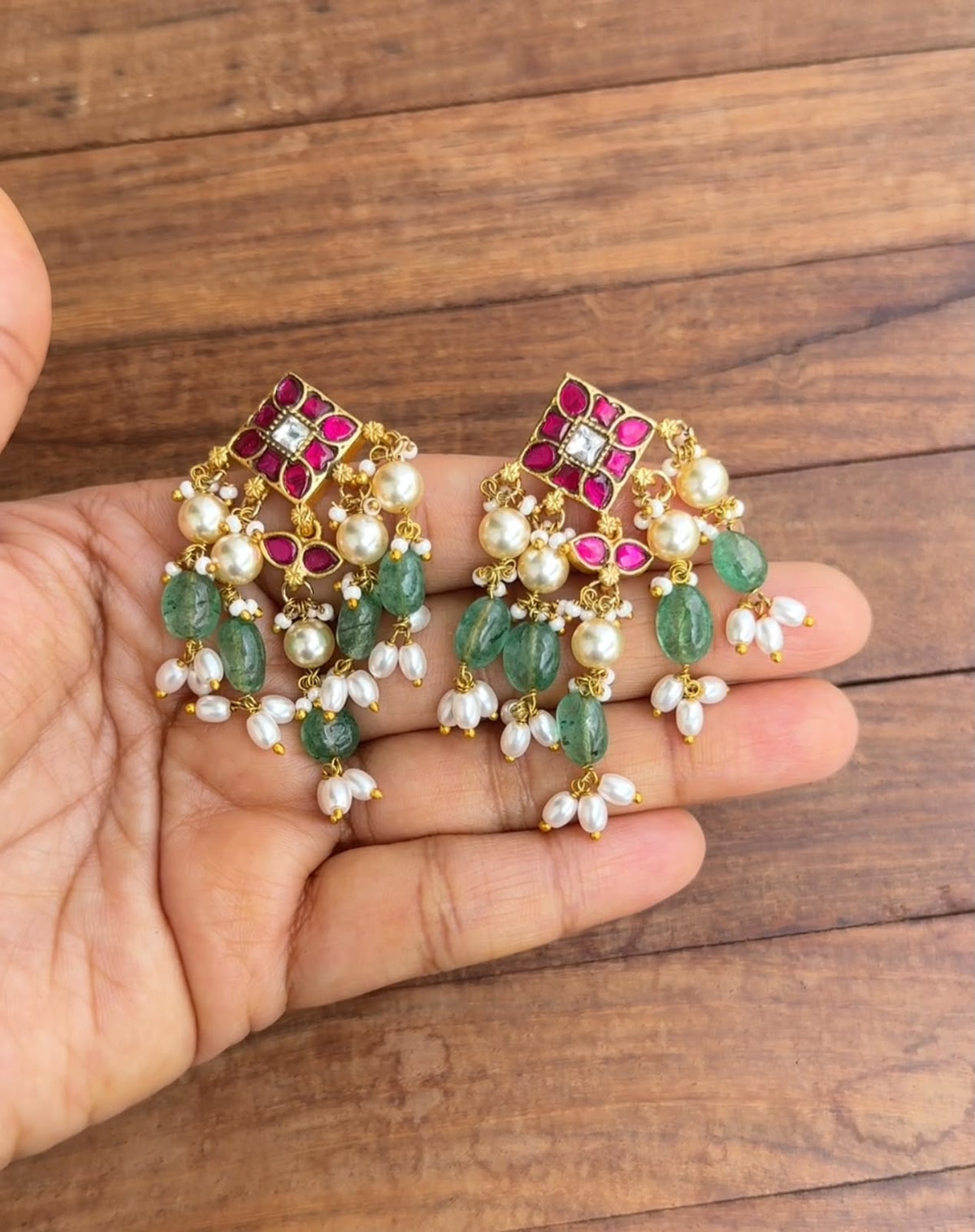 Statement stud hanging square real kundan earrings