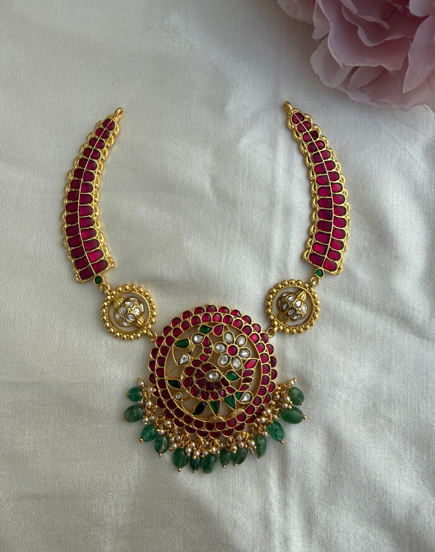 Peacock kante real kundan with balls necklace