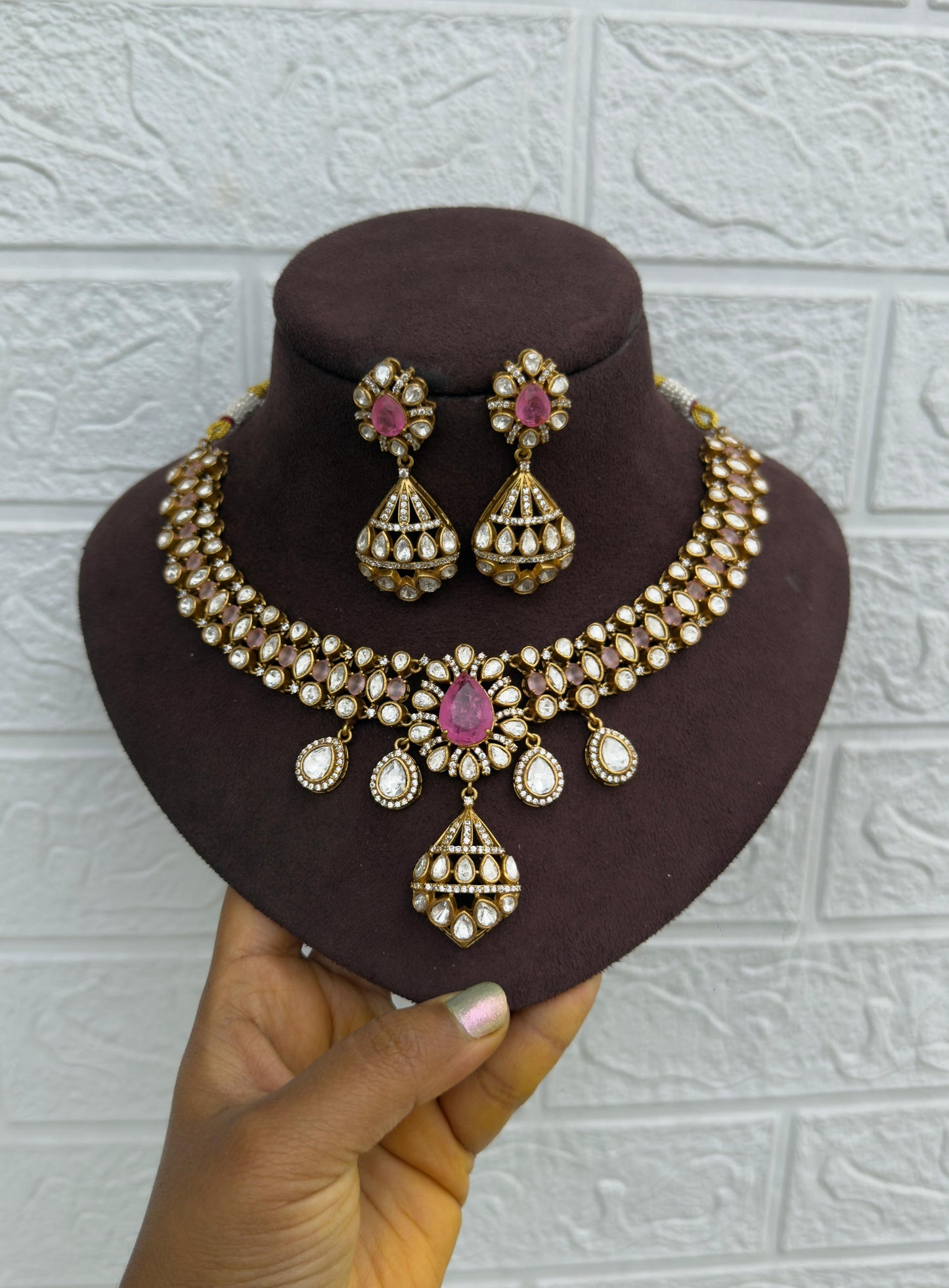 Classy five drop pearl Moissanite necklace with earrings