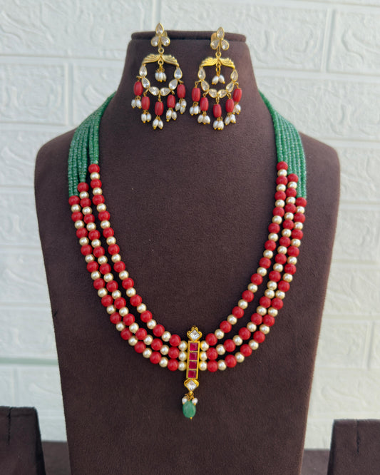 V shaped coral green six layered bead mala w/o earrings