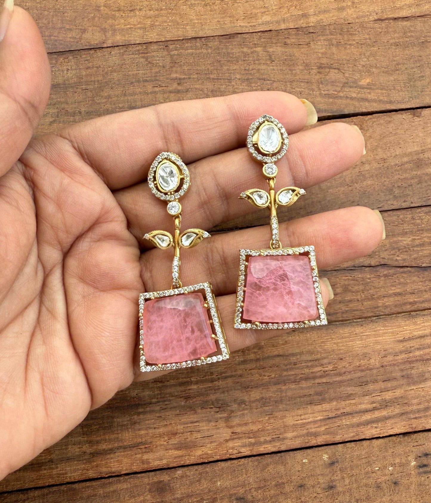 Statement two leaf doublet stone designear earrings