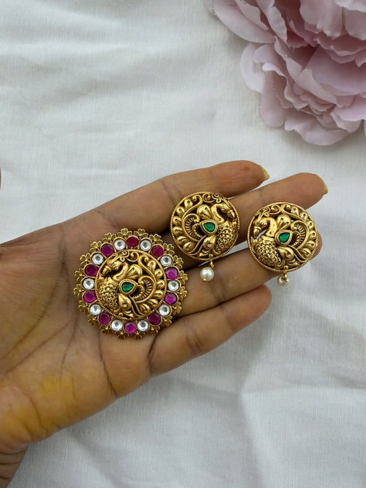 Peacock gold look alike real kundan locket combo