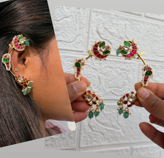 Chandbali parrot lotus real kundan earcuffs