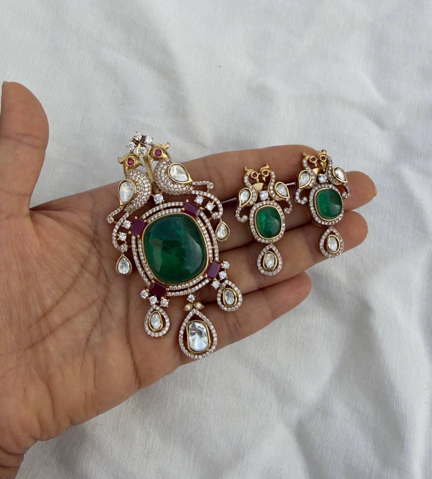 Dual peacock moissanite doublet stone locket with earrings