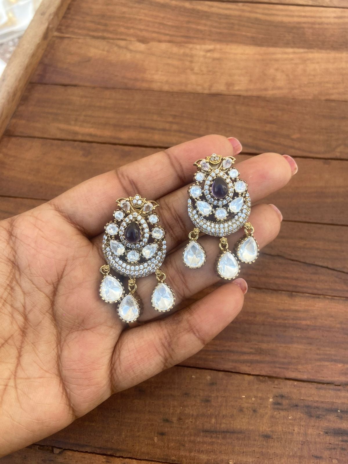 Diya style moissanite three pearl drop earrings - Alluring Accessories