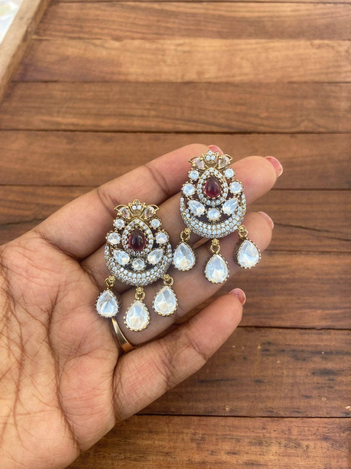 Diya style moissanite three pearl drop earrings - Alluring Accessories