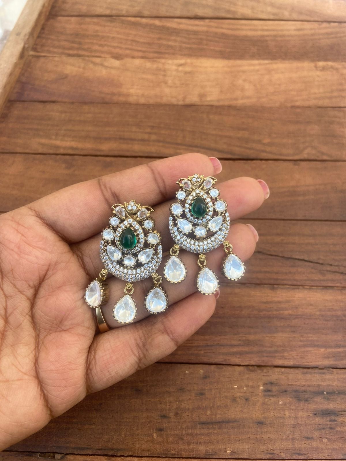 Diya style moissanite three pearl drop earrings - Alluring Accessories