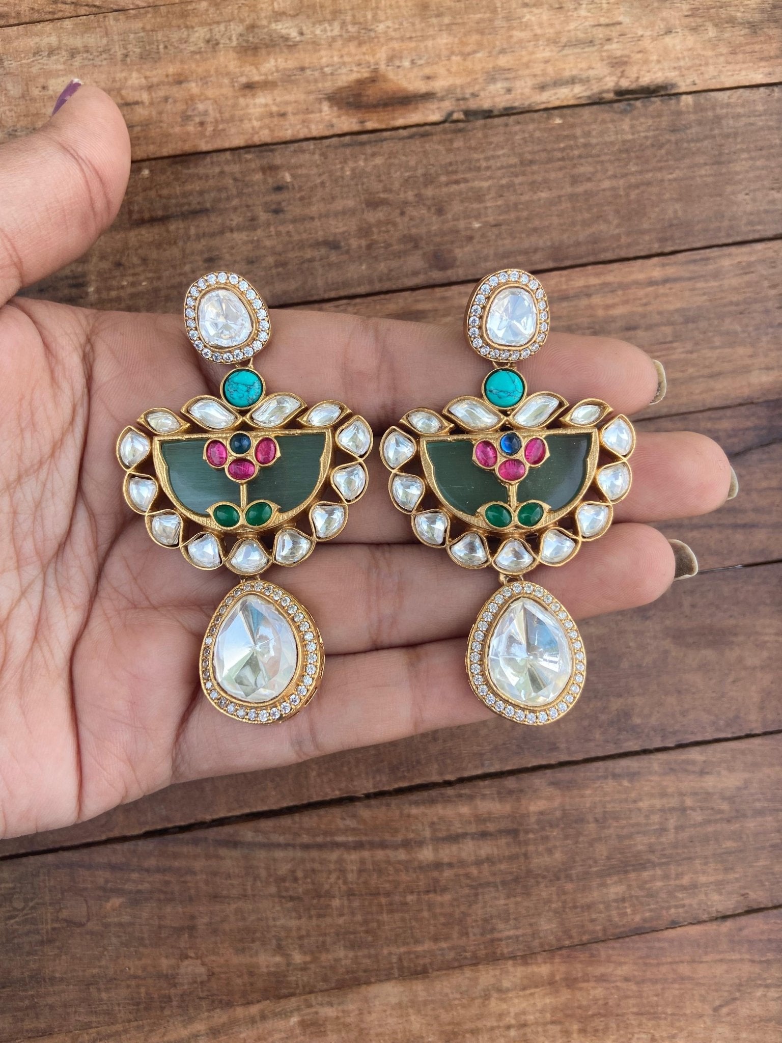 Diya style pearl drop pink green real Kundan earrings design5 - Alluring Accessories