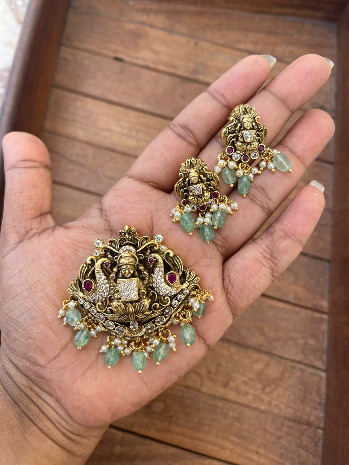 Dual peacock Lakshmi Devi victorian locket with earrings - Alluring Accessories