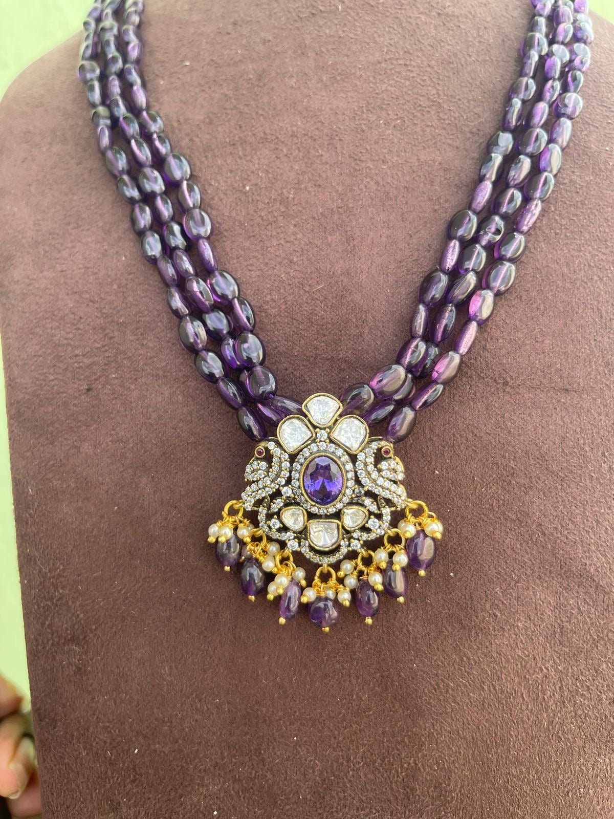 Dual peacock moissanite purple mala with earrings - Alluring Accessories