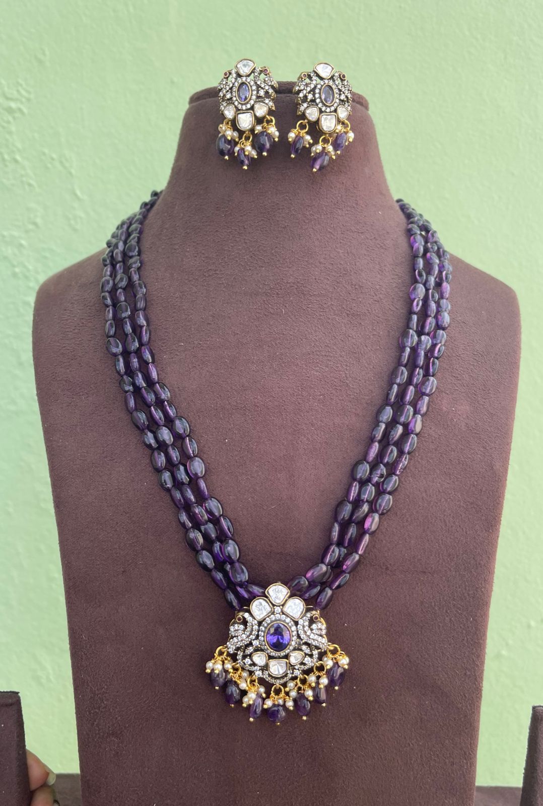 Dual peacock moissanite purple mala with earrings - Alluring Accessories