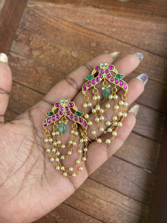 Dual peacock pearl hanging real kundan earrings - Alluring Accessories