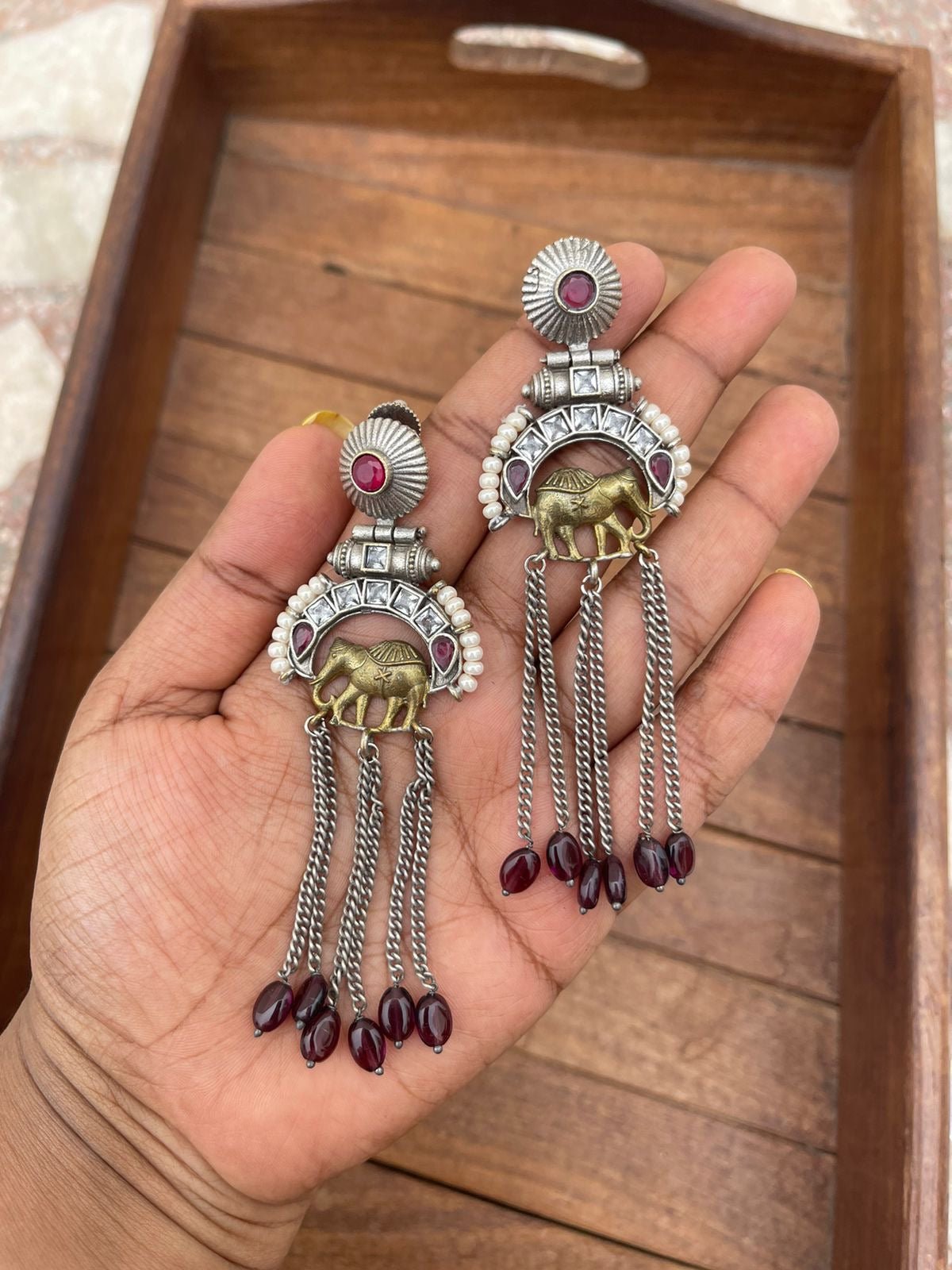 Dual tone elephant afghani oxidised earrings - Alluring Accessories