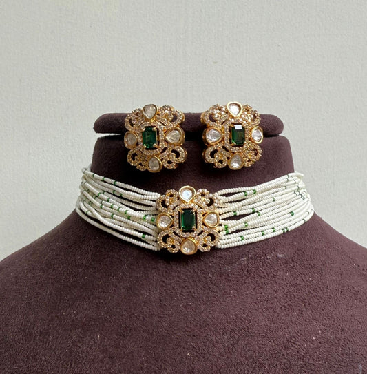 Moissanite choker green emerald stone with studs
