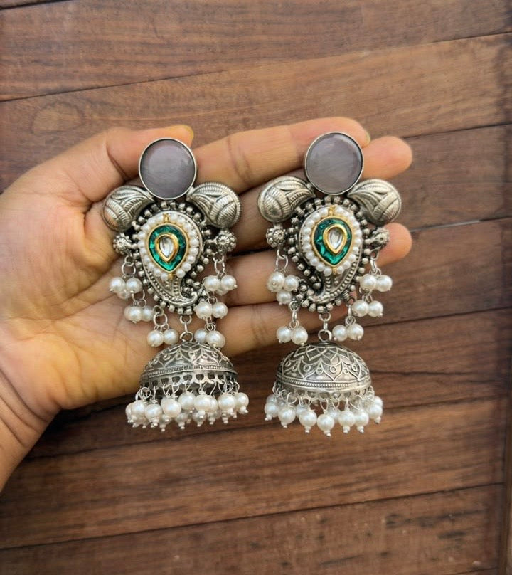 Silver look alike real kundan jhumkas