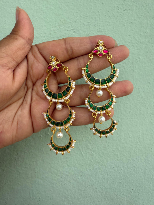 Three layered green real kundan chandbalis