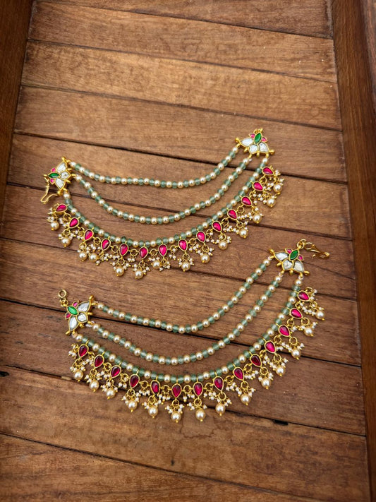 Three layered real kundan pearl champasavaraku maatis / hair accessory