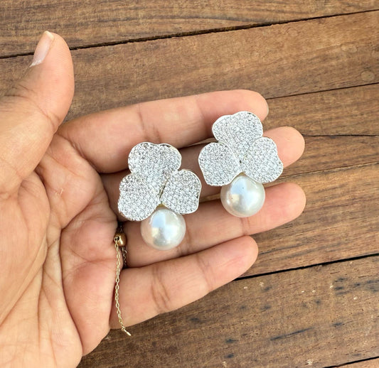 Three petal flower pearl drop stylish earrings