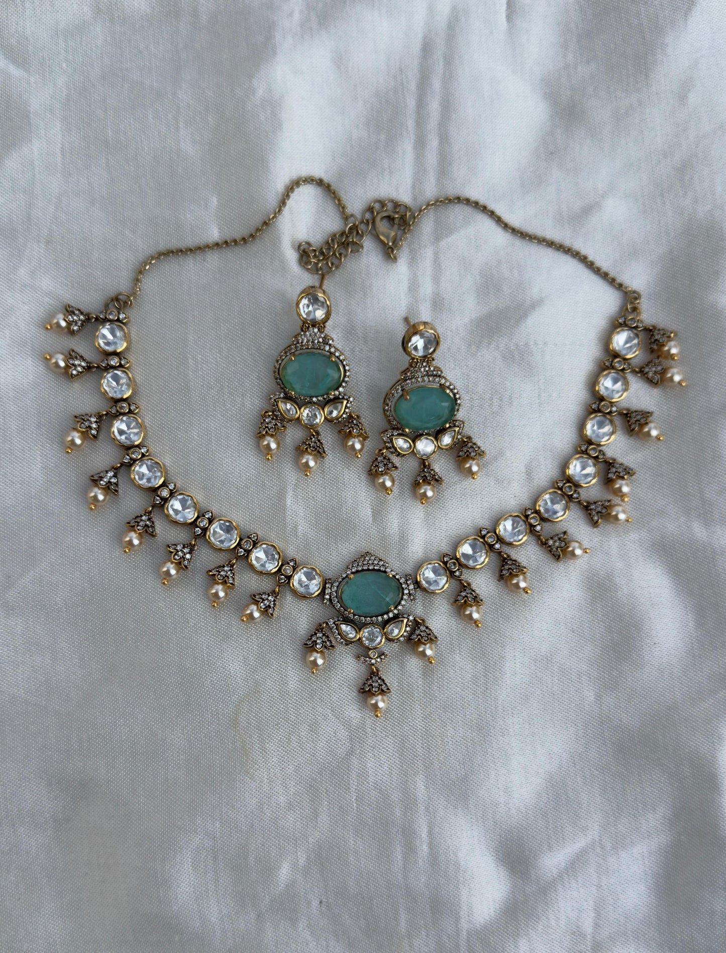 Polki rich look doublet stone emerald necklace with earrings