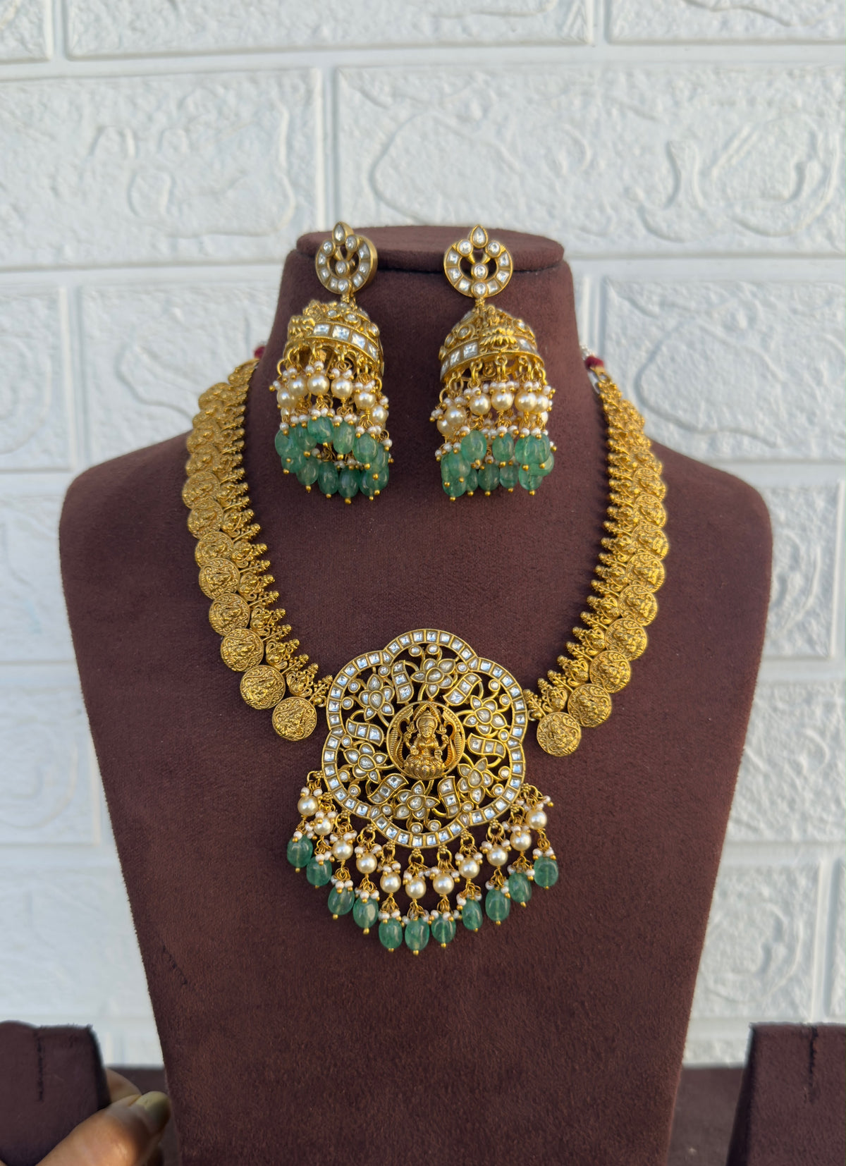 Lakshmi kasu white real kundan necklace with jhumkas