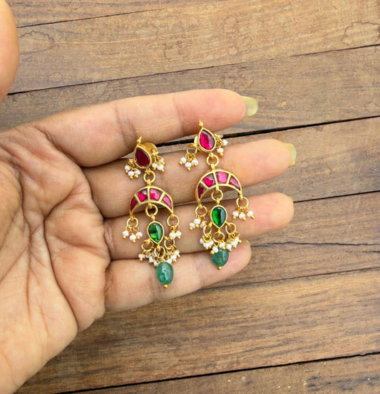 Real kundan dailywear chandbali pearl drop multi earrings