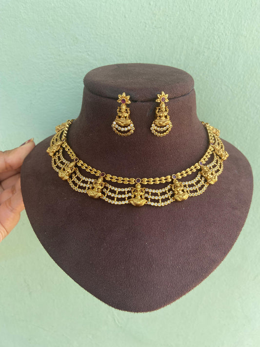 Four layered lakshmi devi antique necklace with earrings
