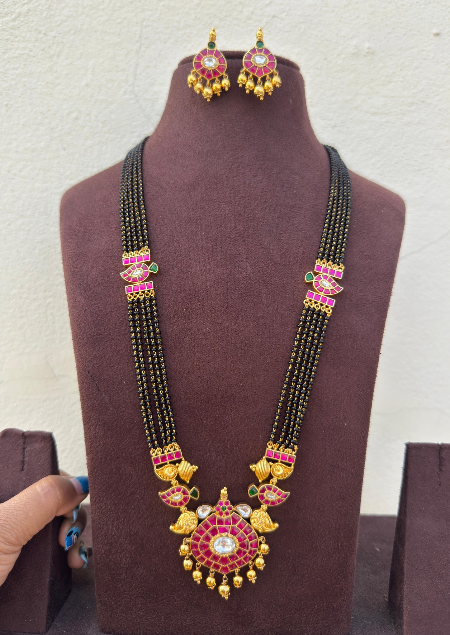 Real kundan six layered long black beads necklace with earrings