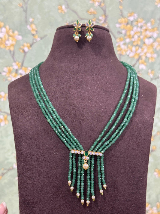 Four layered V shape designer beads necklace with uncut diamonds