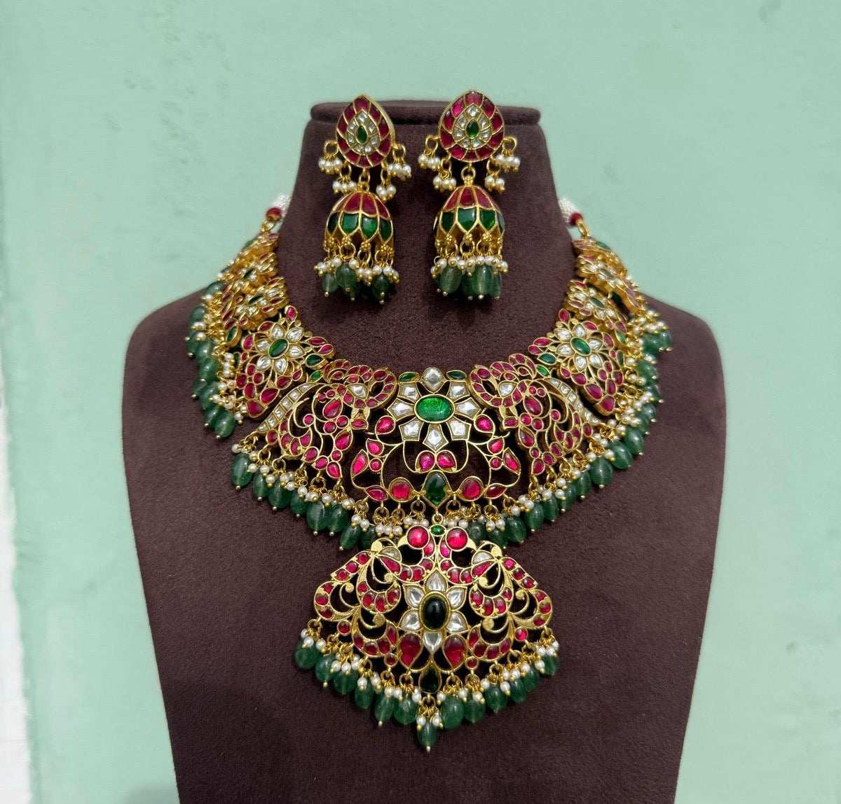Heavy real kundan peacock necklace with jhumkas 5
