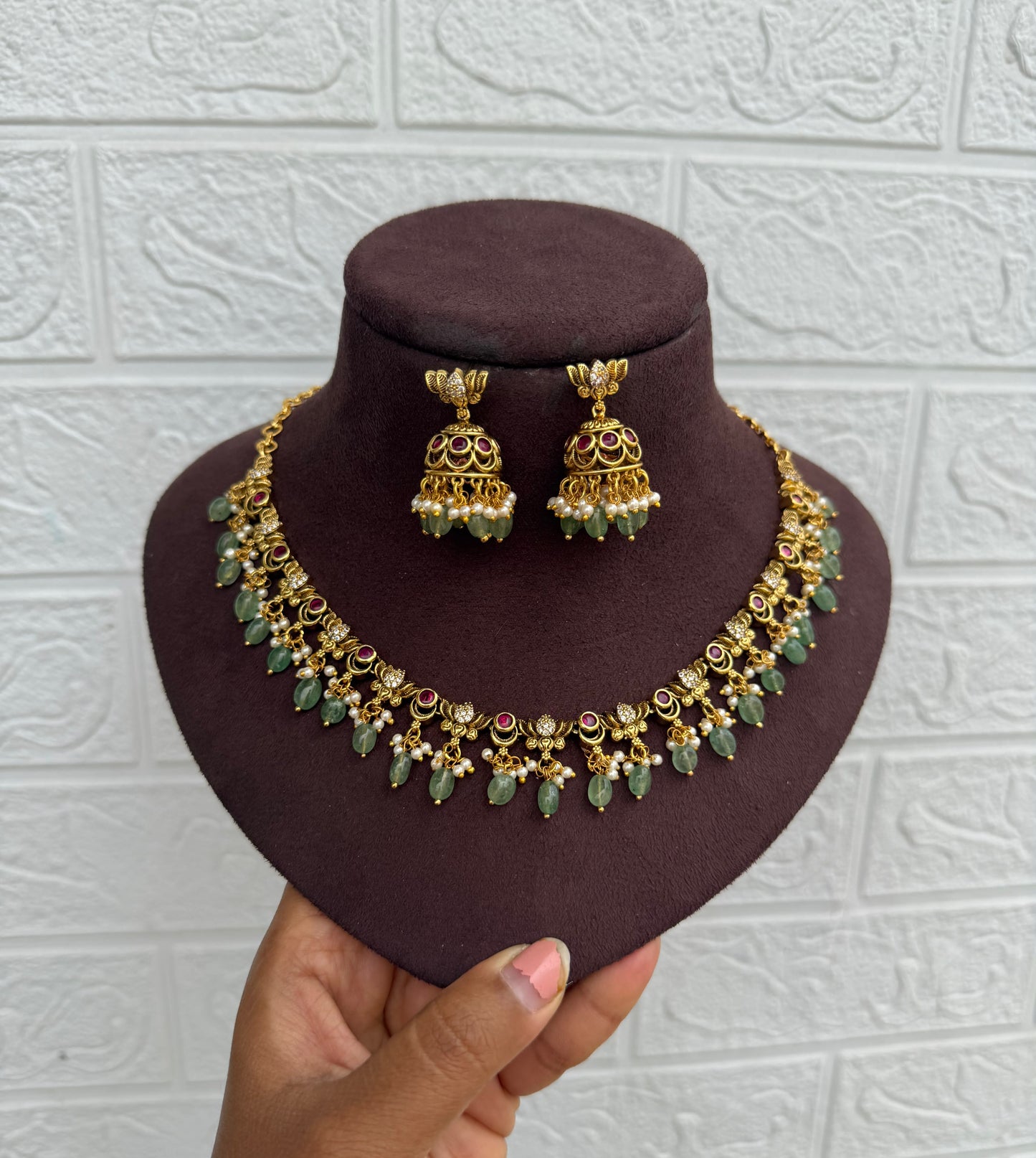 Full of lotus gold look alike necklace with jhumkas