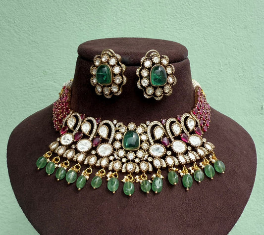 Designer heavy look peacock moissanite choker with earrings