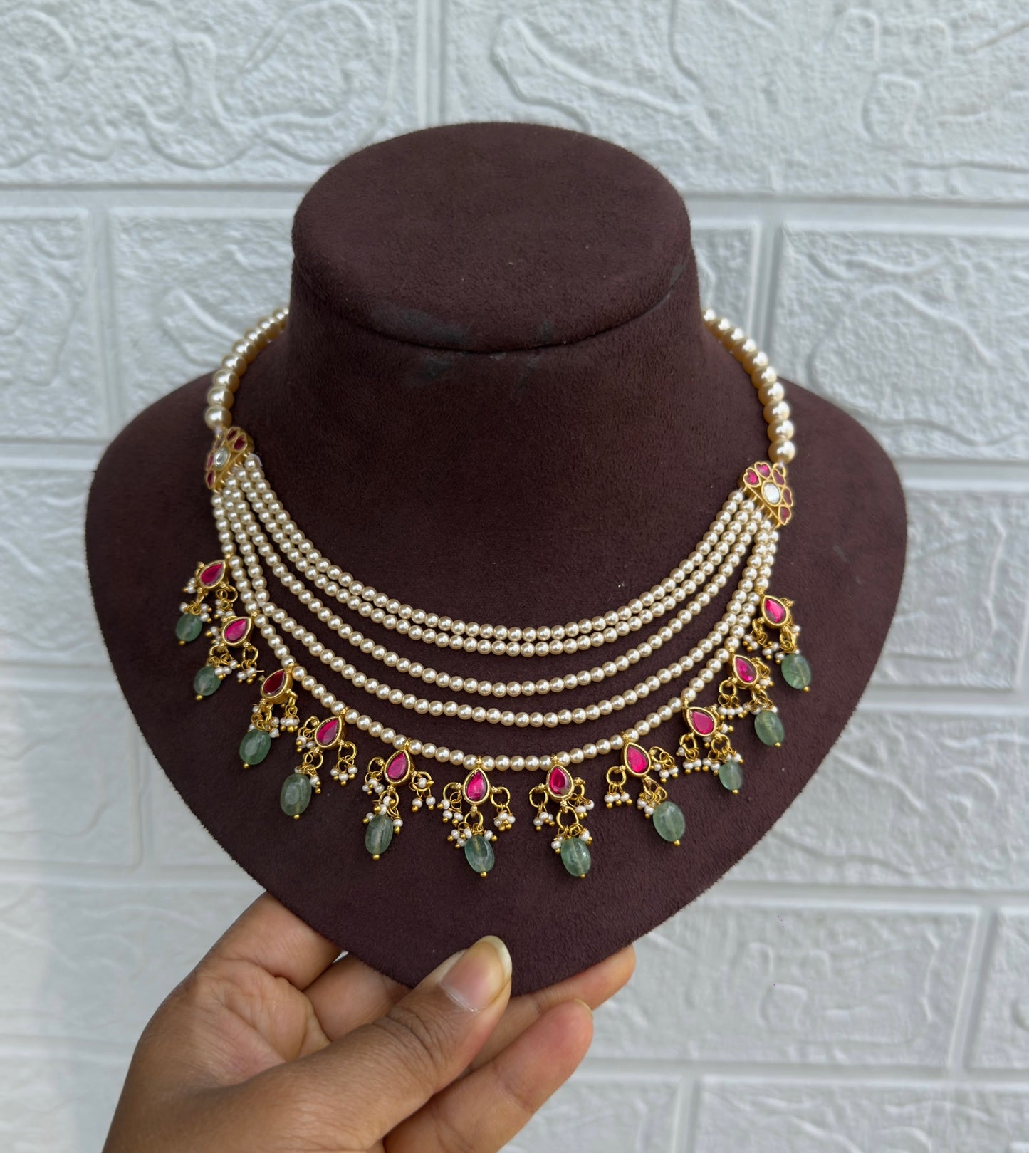 Five layered pearl real kundan drop necklace w/o earrings