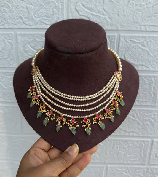 Five layered pearl real kundan drop necklace w/o earrings