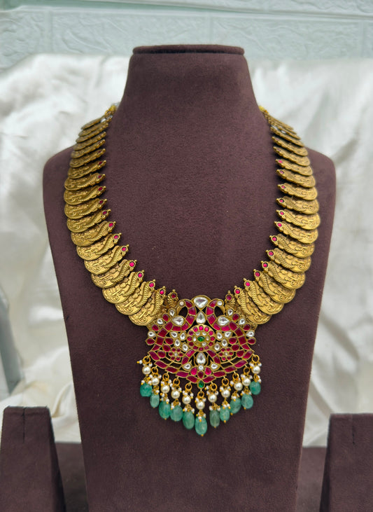 Long lakshmi peacock kasu heavy pendant real kundanl long necklace