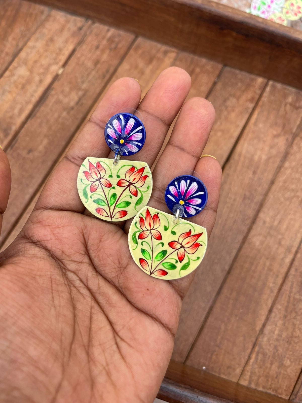 Enamel print lotus chandbali earrings - Alluring Accessories