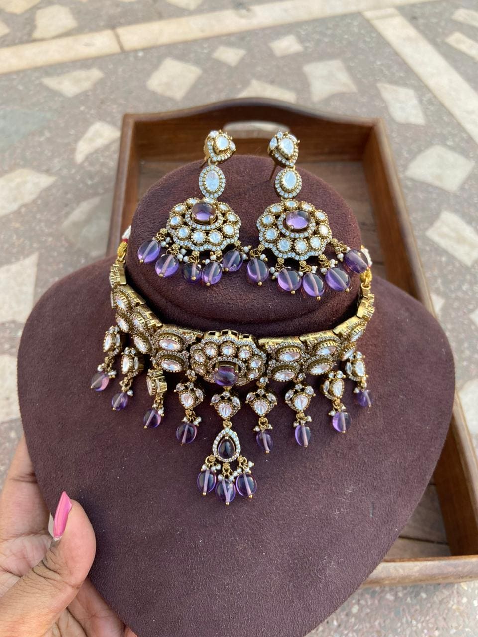 Moissanite stone partywear choker and  earrings design 3