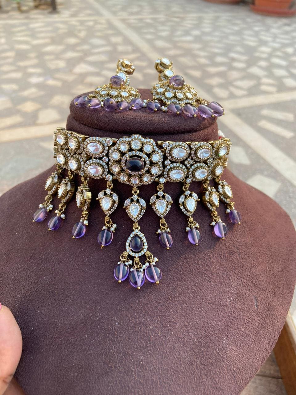 Moissanite stone partywear choker and  earrings design 3