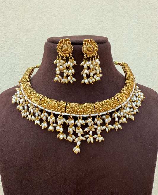 Rice pearl hanging kante necklace with earrings