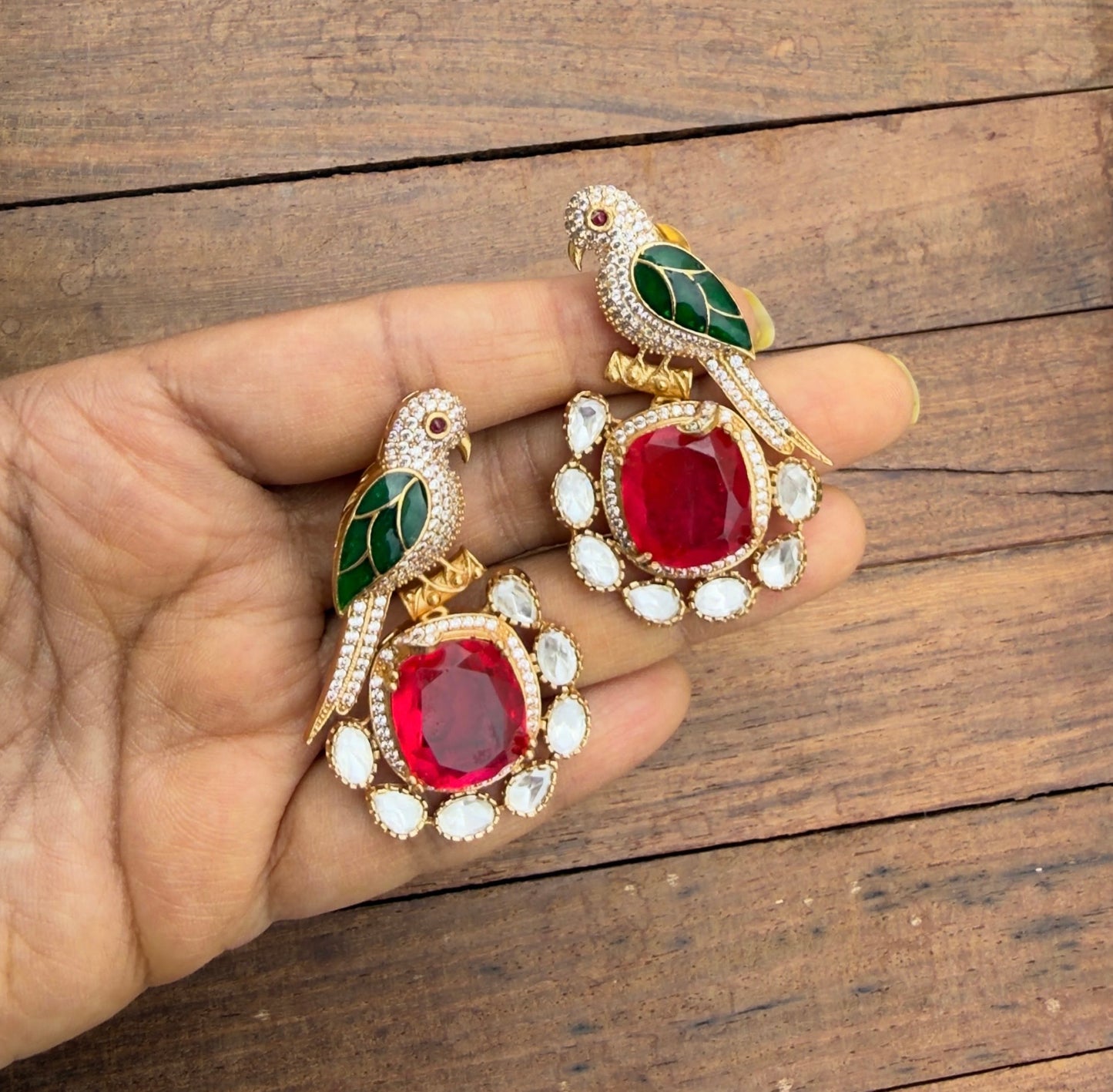 Parrot moissanite polki kundan doublet stone designer earrings