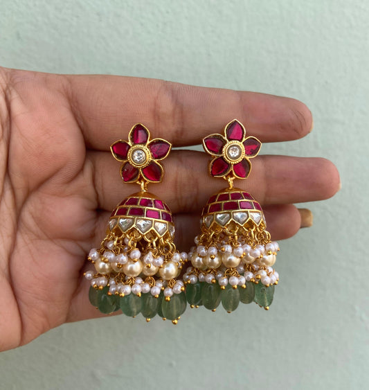 Flower two layered real kundan pearl hanging jhumkas