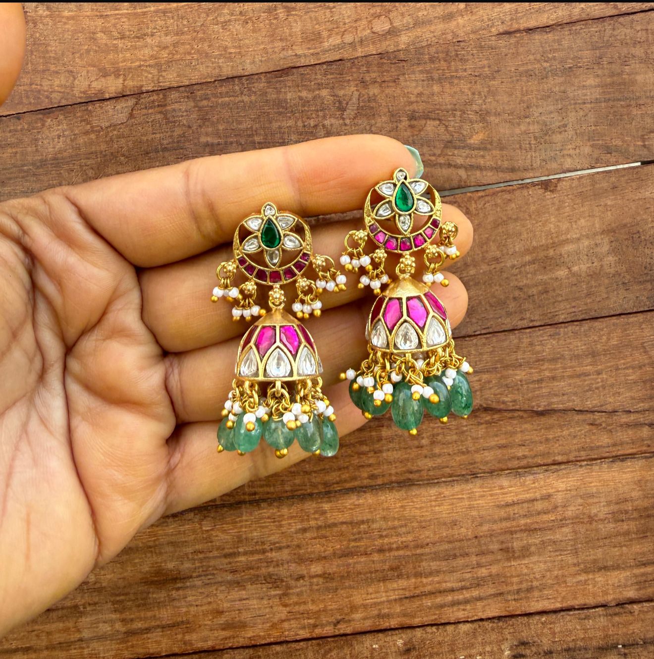 Round flower chandbali real kundan jhumkas 6
