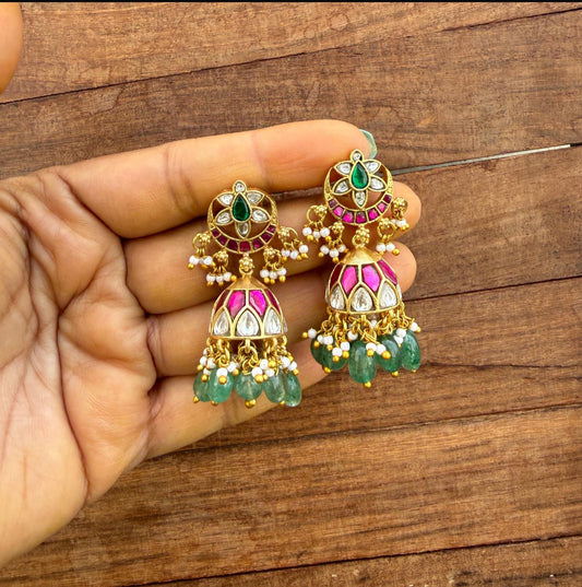 Round flower chandbali real kundan jhumkas 6