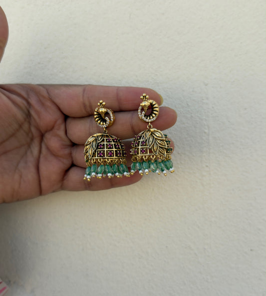 Peacock leaf designer multi gold jhumkas