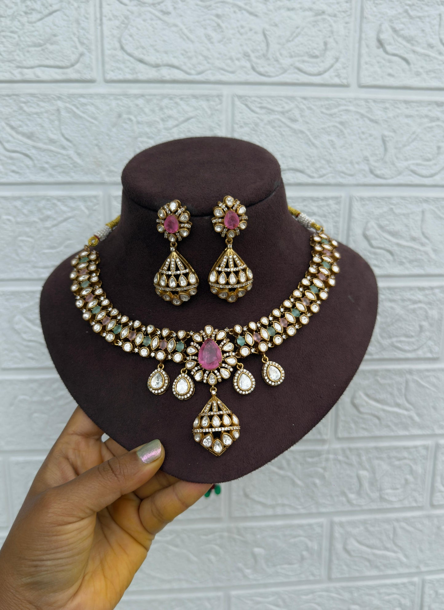 Classy five drop pearl Moissanite necklace with earrings