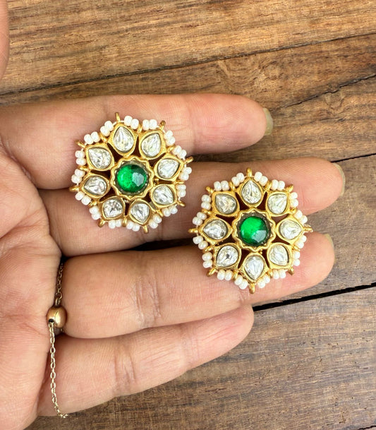White pearl real kundan green studs 799