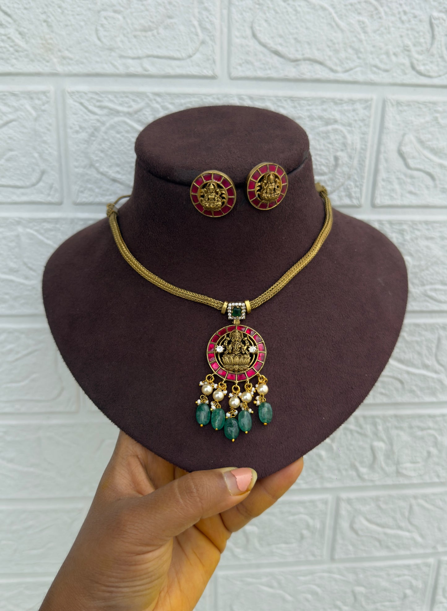 Real kundan swaroski pearls  lakshmi devi necklace with earrings design2