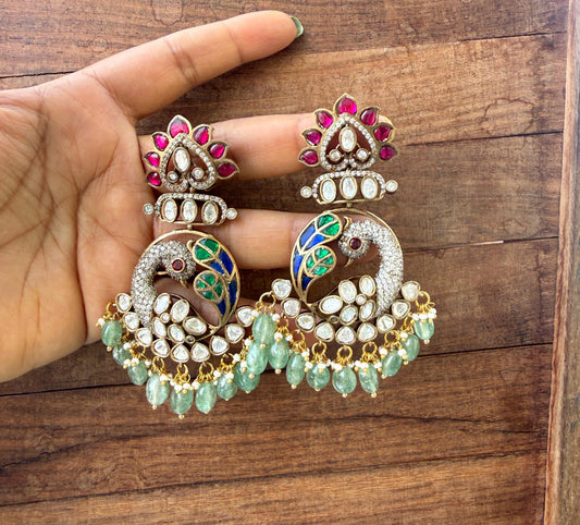 Designer moissanite victorian real kundan peacock chandbalis