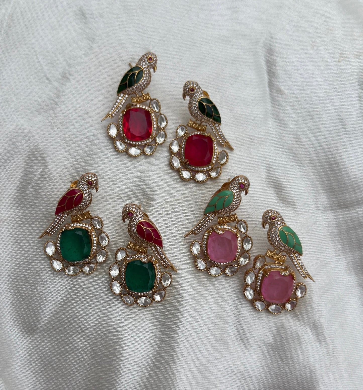 Parrot moissanite polki kundan doublet stone designer earrings