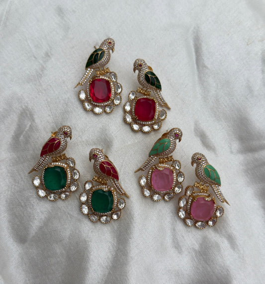 Parrot moissanite polki kundan doublet stone designer earrings